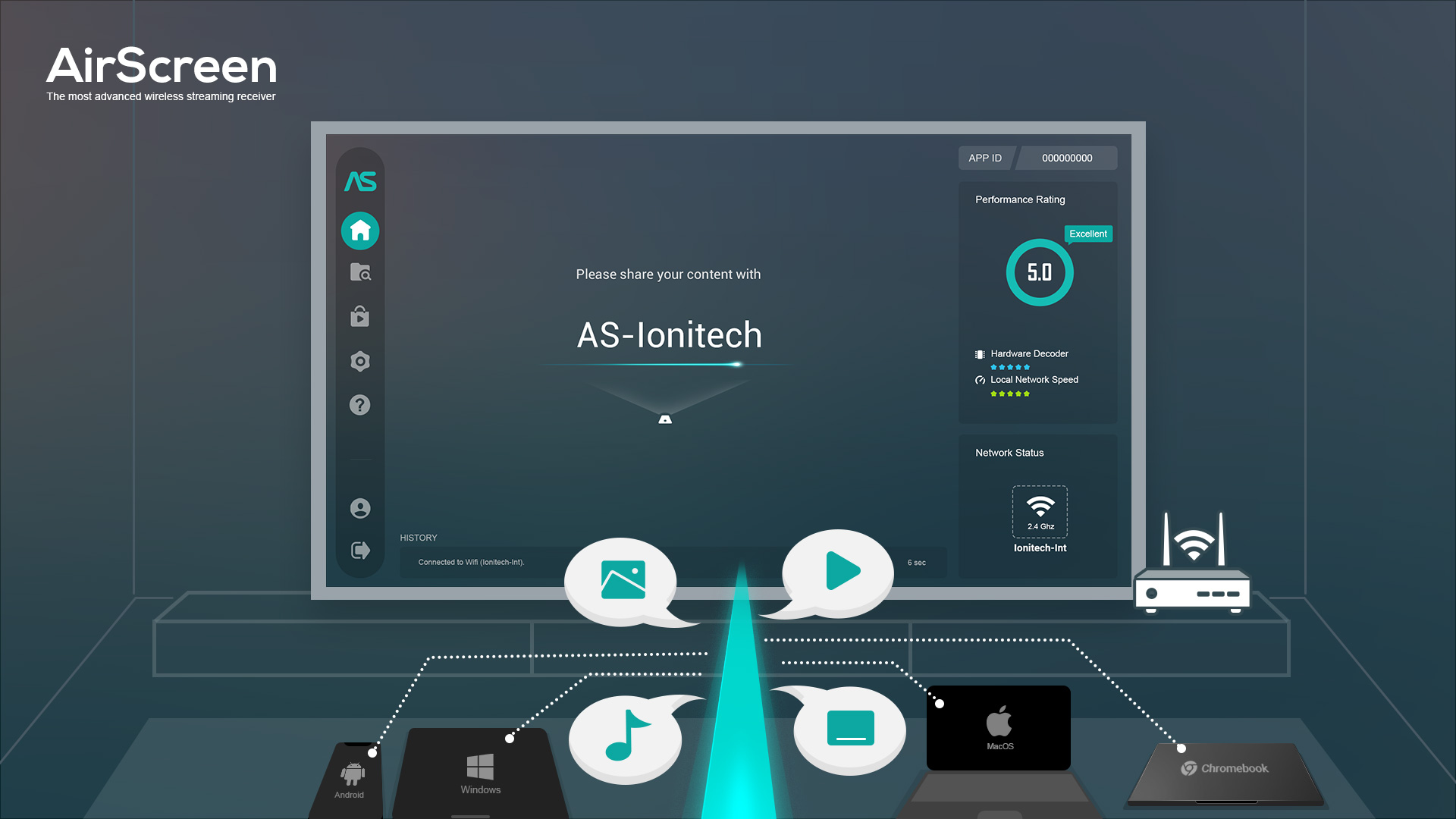 AirScreen product screenshot showing the receiver home screen and wireless sharing