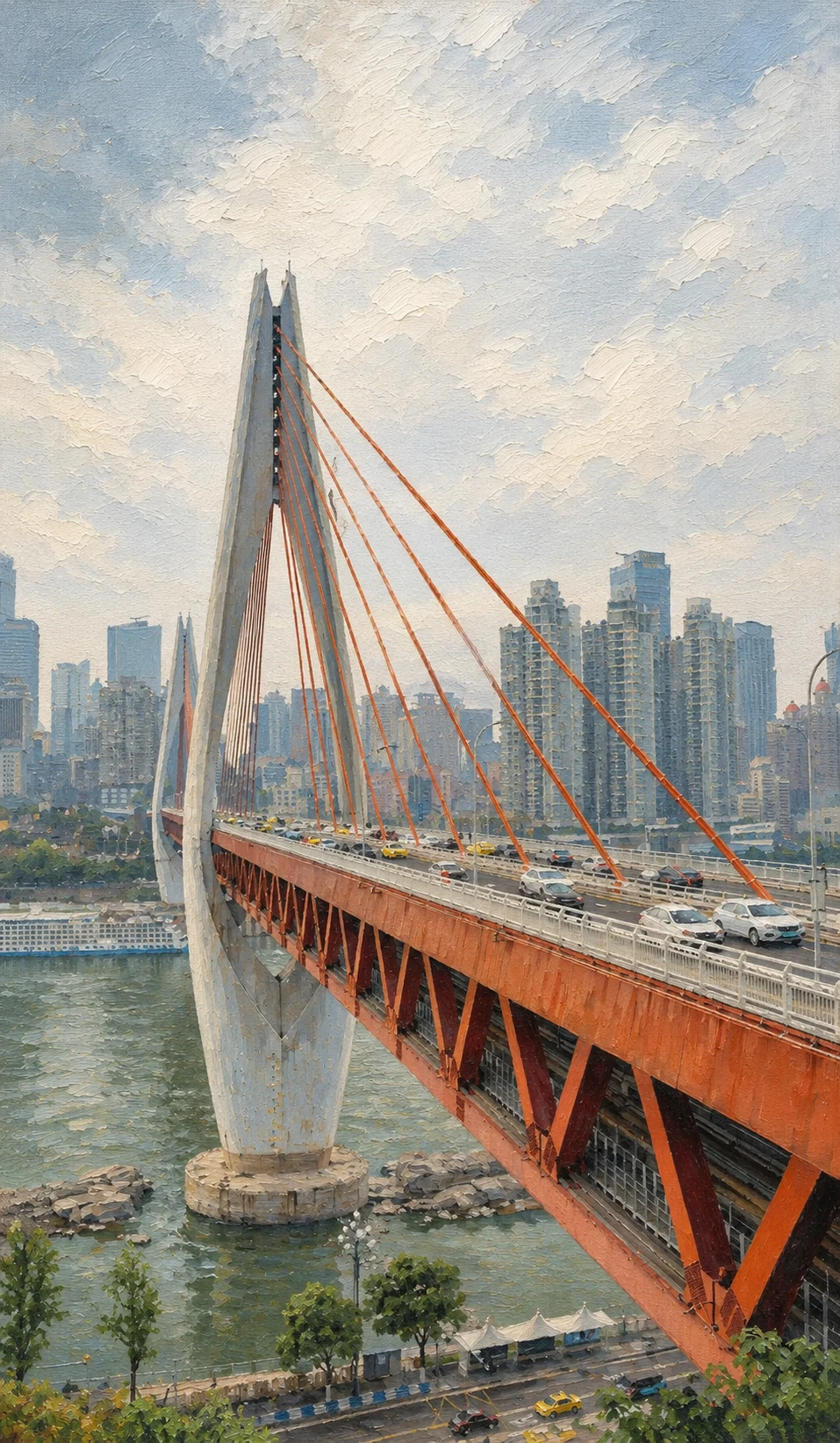 Oil painting of Dongshuimen Bridge in Chongqing